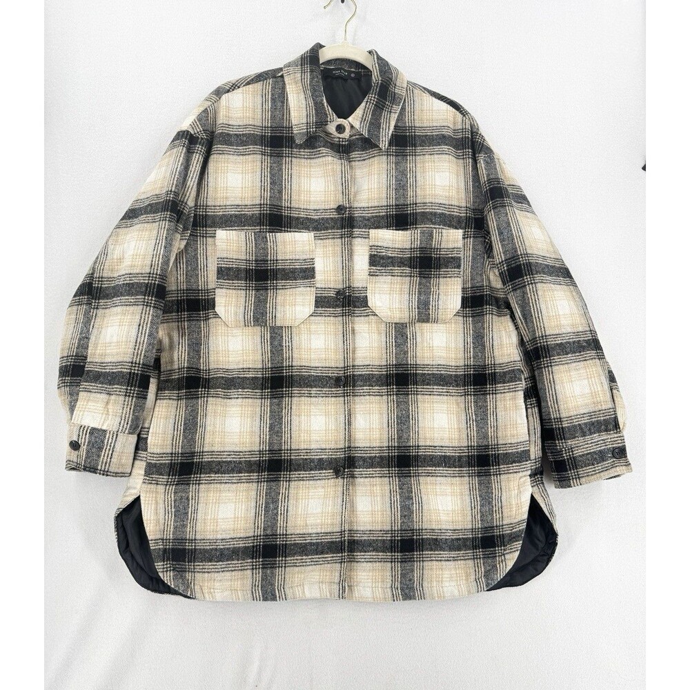 Miss Love Plaid Shacket Women M Black Cream Tan Oversized Wool Blend Long Jacket